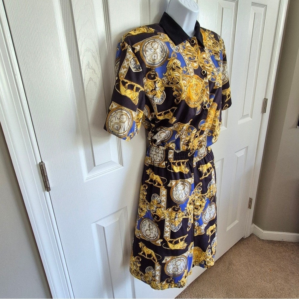 J. Andrews Vintage 2 Piece Shirt Shorts Gold Lion Clock Watch Print Womens Small - Picture 15 of 16